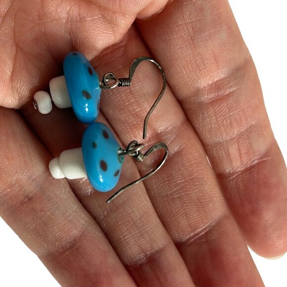 Whimsical Mushroom Toadstool Blue White Earrings Dangle Fairycore Fantasy - Picture 5 of 5